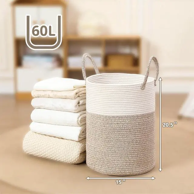 Alt view image 2 of 7 - 60L Large Woven Laundry Basket Hamper, 100% Natural Cotton Rope, Handwoven & Durable, Storage for Blankets, Toys, Clothes, Nursery Hamper for Living Room, Baby Room, Bedroom (Brown and White)