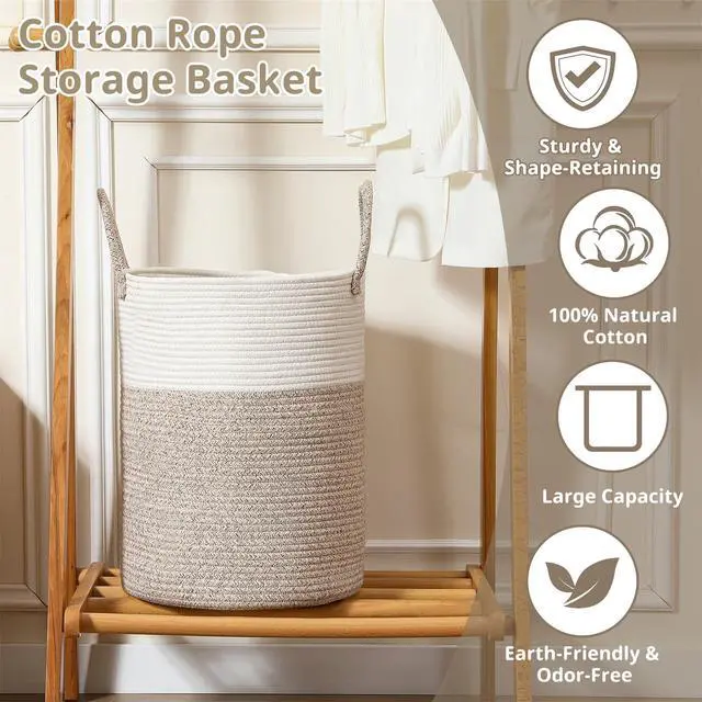 Alt view image 3 of 7 - 60L Large Woven Laundry Basket Hamper, 100% Natural Cotton Rope, Handwoven & Durable, Storage for Blankets, Toys, Clothes, Nursery Hamper for Living Room, Baby Room, Bedroom (Brown and White)
