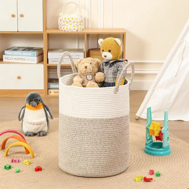 Alt view image 4 of 7 - 60L Large Woven Laundry Basket Hamper, 100% Natural Cotton Rope, Handwoven & Durable, Storage for Blankets, Toys, Clothes, Nursery Hamper for Living Room, Baby Room, Bedroom (Brown and White)