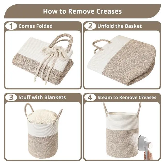 Alt view image 5 of 7 - 60L Large Woven Laundry Basket Hamper, 100% Natural Cotton Rope, Handwoven & Durable, Storage for Blankets, Toys, Clothes, Nursery Hamper for Living Room, Baby Room, Bedroom (Brown and White)