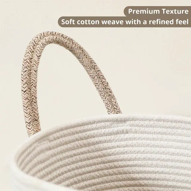 Alt view image 7 of 7 - 60L Large Woven Laundry Basket Hamper, 100% Natural Cotton Rope, Handwoven & Durable, Storage for Blankets, Toys, Clothes, Nursery Hamper for Living Room, Baby Room, Bedroom (Brown and White)