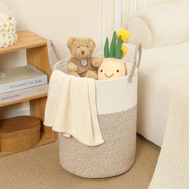 Alt view image 6 of 7 - 60L Large Woven Laundry Basket Hamper, 100% Natural Cotton Rope, Handwoven & Durable, Storage for Blankets, Toys, Clothes, Nursery Hamper for Living Room, Baby Room, Bedroom (Brown and White)