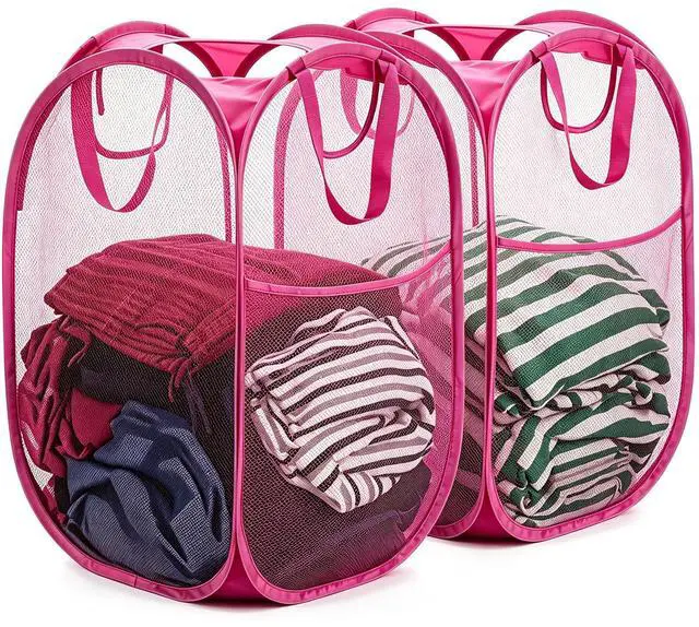 Main image of 2 Pcs Pop Up Laundry Hamper, Strong Mesh Laundry Baskets Collapsible, Hamper with Handles and Side Pocket, Portable Foldable Dirty Clothes for Dorm, Laundry room and Travel Storage, Pink