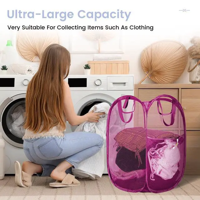 Alt view image 2 of 7 - 2 Pcs Pop Up Laundry Hamper, Strong Mesh Laundry Baskets Collapsible, Hamper with Handles and Side Pocket, Portable Foldable Dirty Clothes for Dorm, Laundry room and Travel Storage, Pink