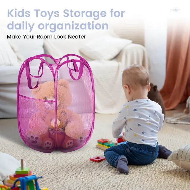Alt view image 3 of 7 - 2 Pcs Pop Up Laundry Hamper, Strong Mesh Laundry Baskets Collapsible, Hamper with Handles and Side Pocket, Portable Foldable Dirty Clothes for Dorm, Laundry room and Travel Storage, Pink