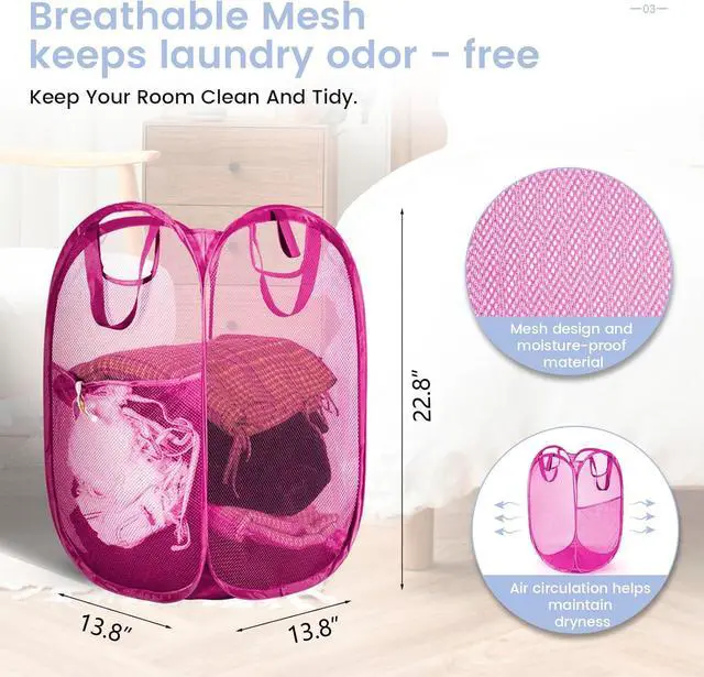 Alt view image 4 of 7 - 2 Pcs Pop Up Laundry Hamper, Strong Mesh Laundry Baskets Collapsible, Hamper with Handles and Side Pocket, Portable Foldable Dirty Clothes for Dorm, Laundry room and Travel Storage, Pink