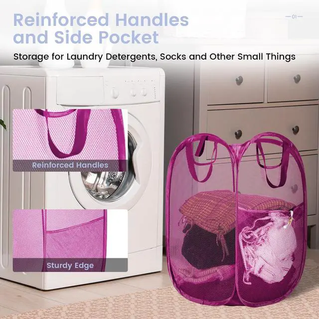 Alt view image 5 of 7 - 2 Pcs Pop Up Laundry Hamper, Strong Mesh Laundry Baskets Collapsible, Hamper with Handles and Side Pocket, Portable Foldable Dirty Clothes for Dorm, Laundry room and Travel Storage, Pink
