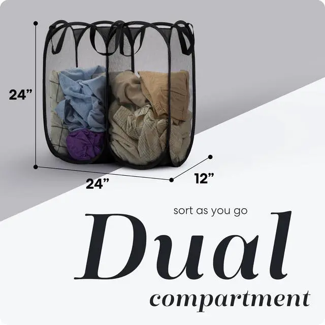 Alt view image 2 of 7 - Double Pop Up Laundry Hamper, 2 Section Mesh, Black | Collapsible Laundry Basket, 44 Gal Foldable Divided Sorter, Reinforced Handles, Dual Compartment for Dorm, Travel, Apartment
