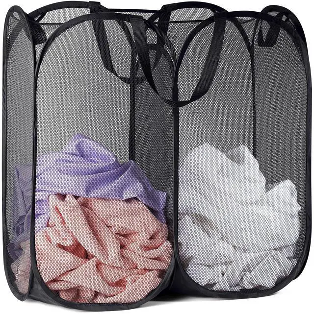 Main image of Double Pop Up Laundry Hamper, 2 Section Mesh, Black | Collapsible Laundry Basket, 44 Gal Foldable Divided Sorter, Reinforced Handles, Dual Compartment for Dorm, Travel, Apartment