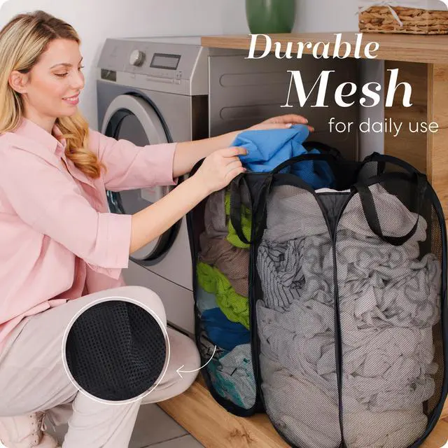 Alt view image 6 of 7 - Double Pop Up Laundry Hamper, 2 Section Mesh, Black | Collapsible Laundry Basket, 44 Gal Foldable Divided Sorter, Reinforced Handles, Dual Compartment for Dorm, Travel, Apartment