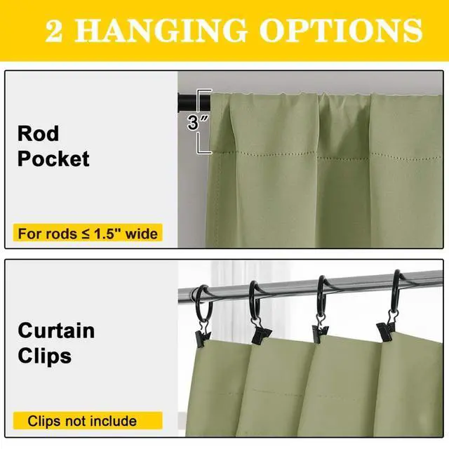 Alt view image 4 of 7 - Sage Green Blackout Curtains for Bedroom Living Room 63 Inch Length 2 Panels Set, Soft Solid Room Darkening Thermal Insulated Window Treatments, Rod Pocket Dining Room Curtains, 40" Wx63 L