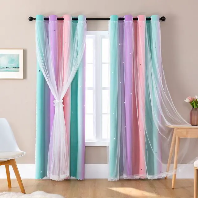 Main image of Curtains for Girls Bedroom Decor, Rainbow Blackout Curtains for Kids/Little Girl Room Decor, Unicorn Wall Decals,Pink Purple Green,63 x 34 inches,1 Panel