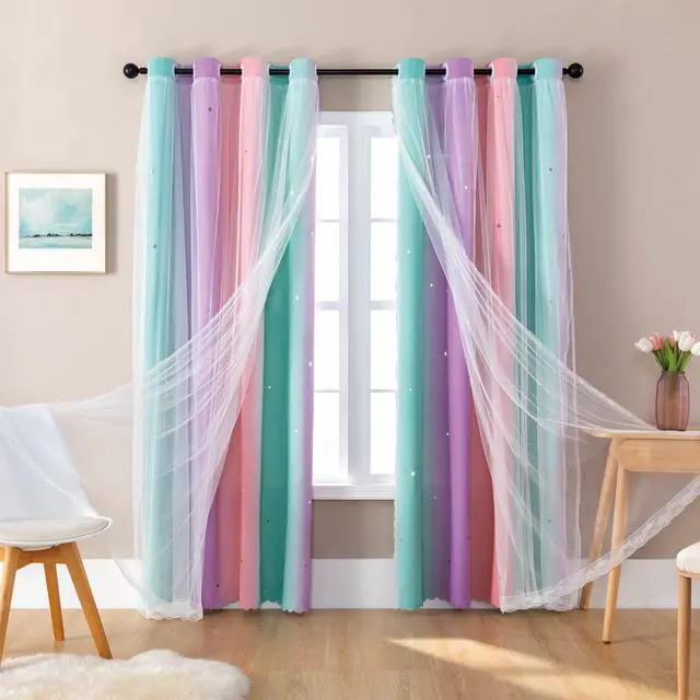 Alt view image 5 of 7 - Curtains for Girls Bedroom Decor, Rainbow Blackout Curtains for Kids/Little Girl Room Decor, Unicorn Wall Decals,Pink Purple Green,63 x 34 inches,1 Panel