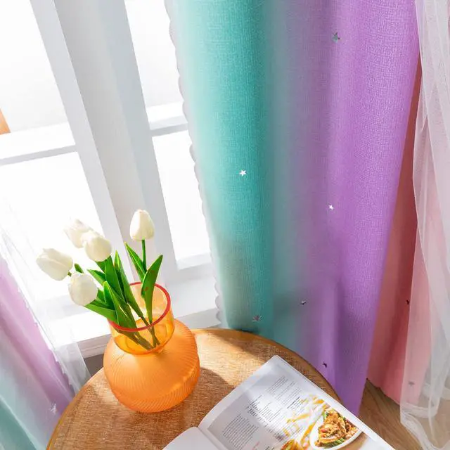 Alt view image 3 of 7 - Curtains for Girls Bedroom Decor, Rainbow Blackout Curtains for Kids/Little Girl Room Decor, Unicorn Wall Decals,Pink Purple Green,63 x 34 inches,1 Panel