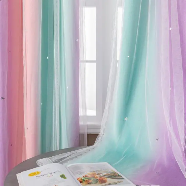 Alt view image 4 of 7 - Curtains for Girls Bedroom Decor, Rainbow Blackout Curtains for Kids/Little Girl Room Decor, Unicorn Wall Decals,Pink Purple Green,63 x 34 inches,1 Panel