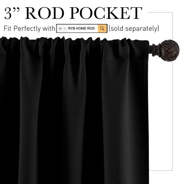 Alt view image 2 of 7 - Black Blackout Curtains for Bedroom Living Room 72 inches Long | Room Darkening, Thermal Insulated, Privacy Protection, Rod Pocket, Drapes for Office Home Theater, W42 x L72, Black, 2 Panels