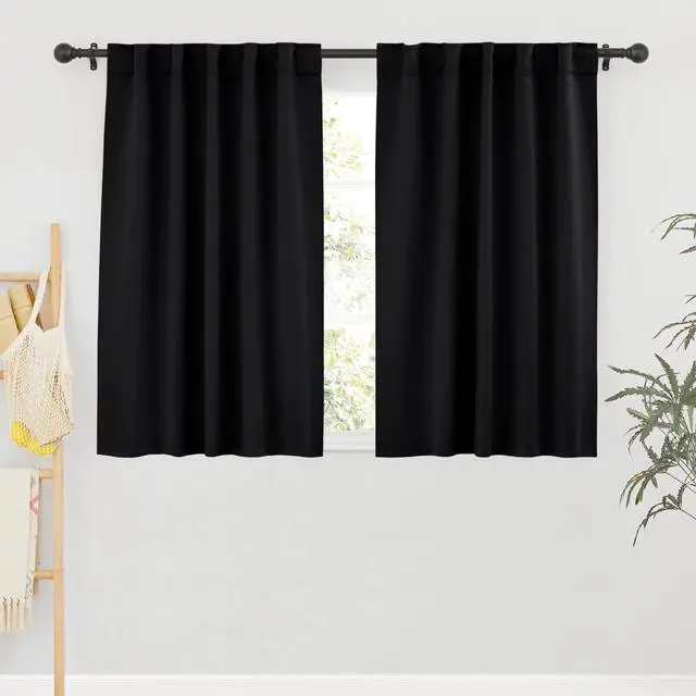 Main image of Short Blackout Curtains for Small Kitchen Cafe Bathroom Window | Thermal Insulated, Light UV Heat Block, Priavcy, Back Tab, For Basement RV Capmer Cabinet, W42 x L45, Black, 2 Panels