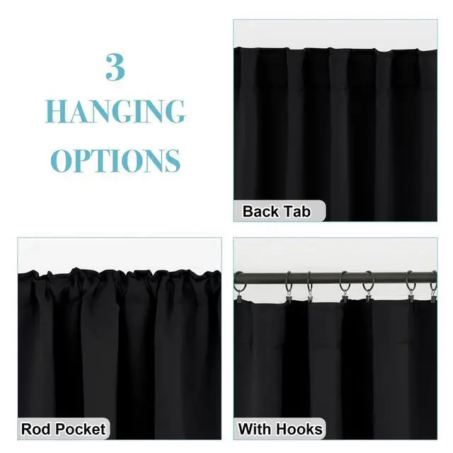 Alt view image 6 of 7 - Short Blackout Curtains for Small Kitchen Cafe Bathroom Window | Thermal Insulated, Light UV Heat Block, Priavcy, Back Tab, For Basement RV Capmer Cabinet, W42 x L45, Black, 2 Panels