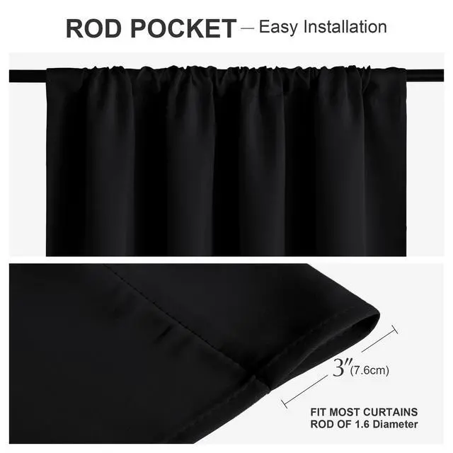 Alt view image 2 of 7 - Black Out Curtains 72 inch Long, Black, 2 Panels | Blackout Solid Rod Pocket Thermal Insulated Panels for Bedroom Living Room, Energy Efficient Window Drapes, 42"W x 72"L