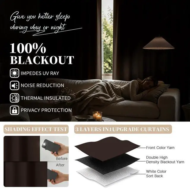 Alt view image 2 of 7 - Chocolate Brown Blackout Curtains 63" Long with Back Tab 40" Wide | Thermal Insulated Room Darkening Drapes with Rod Pocket for Bedroom/kids Room,Full Light Blocking for Living Room, 2 Panels