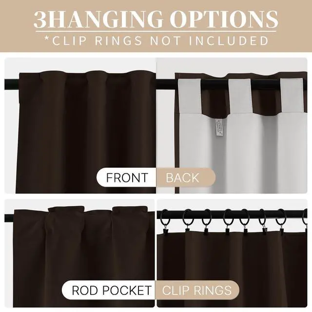 Alt view image 3 of 7 - Chocolate Brown Blackout Curtains 63" Long with Back Tab 40" Wide | Thermal Insulated Room Darkening Drapes with Rod Pocket for Bedroom/kids Room,Full Light Blocking for Living Room, 2 Panels