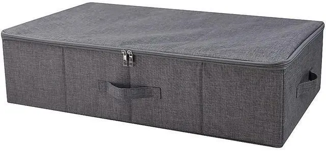 Main image of Folding Fabric Rigid Under Bed Closet Storage Bins with Zip Lid,Black Gray | Under bed Storage Boxes for Bedding/ Clothes/ Duvets/ Blankets/ Shoes, Hard Plastic Boards inside, 4 Handles, Washable
