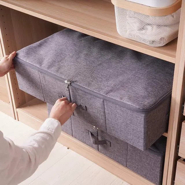 Alt view image 5 of 7 - Folding Fabric Rigid Under Bed Closet Storage Bins with Zip Lid,Black Gray | Under bed Storage Boxes for Bedding/ Clothes/ Duvets/ Blankets/ Shoes, Hard Plastic Boards inside, 4 Handles, Washable