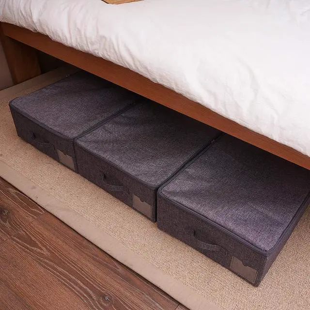 Alt view image 4 of 7 - Folding Fabric Rigid Under Bed Closet Storage Bins with Zip Lid,Black Gray | Under bed Storage Boxes for Bedding/ Clothes/ Duvets/ Blankets/ Shoes, Hard Plastic Boards inside, 4 Handles, Washable
