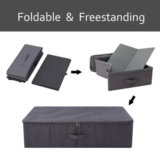 Alt view image 7 of 7 - Folding Fabric Rigid Under Bed Closet Storage Bins with Zip Lid,Black Gray | Under bed Storage Boxes for Bedding/ Clothes/ Duvets/ Blankets/ Shoes, Hard Plastic Boards inside, 4 Handles, Washable
