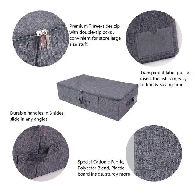 Alt view image 3 of 7 - Folding Fabric Rigid Under Bed Closet Storage Bins with Zip Lid,Black Gray | Under bed Storage Boxes for Bedding/ Clothes/ Duvets/ Blankets/ Shoes, Hard Plastic Boards inside, 4 Handles, Washable