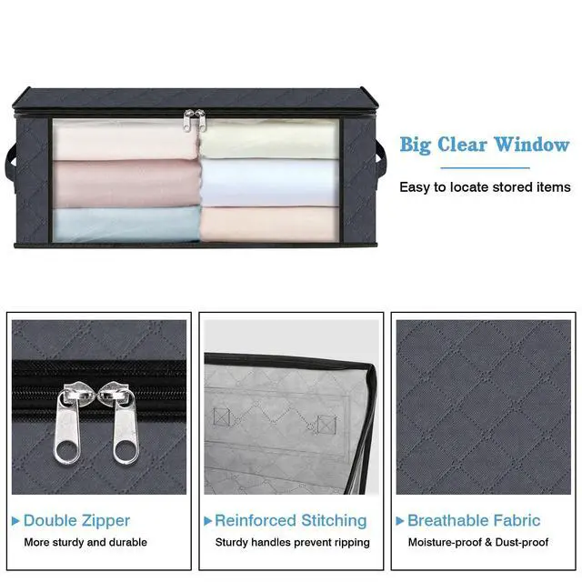Alt view image 3 of 7 - 3-Pack Clothes Organizer Storage Bags, 35L Storage Bins, Gray | Foldable Storage Box Container with Zippers, Clear Window, Reinforced Handles for Closet, Dorm, Pillows, Bedding, Sweater