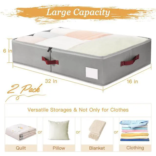 Alt view image 2 of 7 - Under Bed Storage Bins with Clear PVC Lids 2 Pack Large Underbed Organizers with Heavy-Duty Handles, Reinforced with 800G PP Panels & 80G Non-Woven Fabric Waterproof & Foldable, Gery