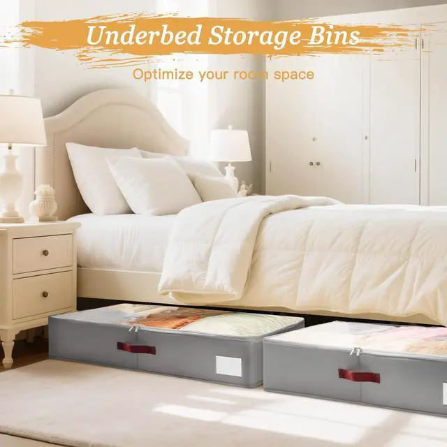 Alt view image 4 of 7 - Under Bed Storage Bins with Clear PVC Lids 2 Pack Large Underbed Organizers with Heavy-Duty Handles, Reinforced with 800G PP Panels & 80G Non-Woven Fabric Waterproof & Foldable, Gery