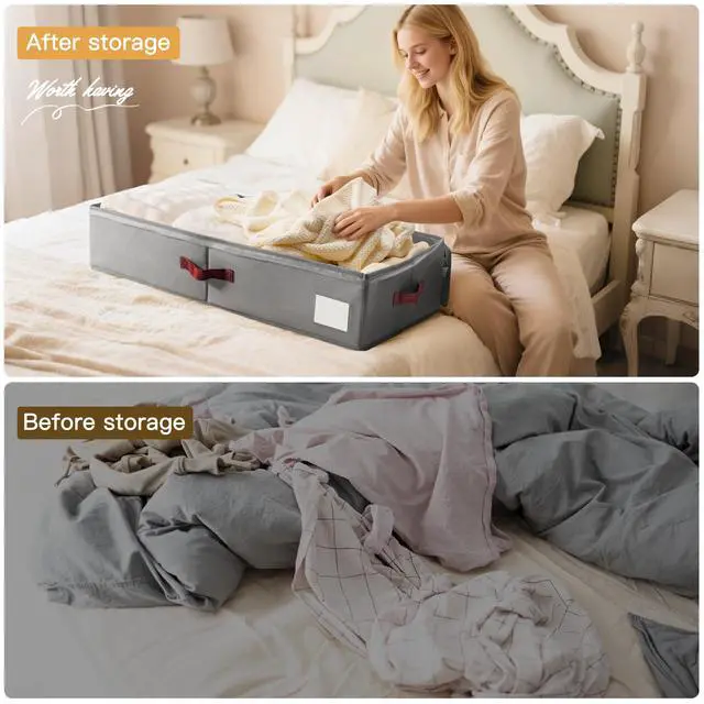 Alt view image 6 of 7 - Under Bed Storage Bins with Clear PVC Lids 2 Pack Large Underbed Organizers with Heavy-Duty Handles, Reinforced with 800G PP Panels & 80G Non-Woven Fabric Waterproof & Foldable, Gery
