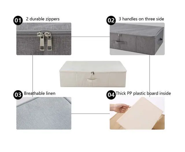 Alt view image 2 of 7 - Folding Underbed Shoes Clothes Storage Organizer Basket with Zip Lid,Beige | Underbed Clothes Organizer Basket