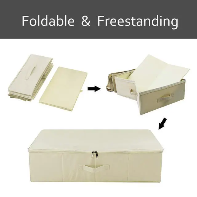 Alt view image 5 of 7 - Folding Underbed Shoes Clothes Storage Organizer Basket with Zip Lid,Beige | Underbed Clothes Organizer Basket