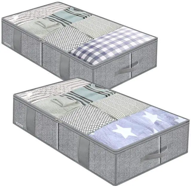 Main image of Breathable Under Bed Storage Bags with 4 Reinforced Handles and Sturdy Side Wall, 2 Pack Eco-friendly Underbed Clothing Blankets Organizer with 2 Strong Zippers, Herringbone Grey, MXRUBBSS2P