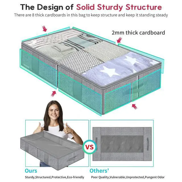 Alt view image 4 of 7 - Breathable Under Bed Storage Bags with 4 Reinforced Handles and Sturdy Side Wall, 2 Pack Eco-friendly Underbed Clothing Blankets Organizer with 2 Strong Zippers, Herringbone Grey, MXRUBBSS2P