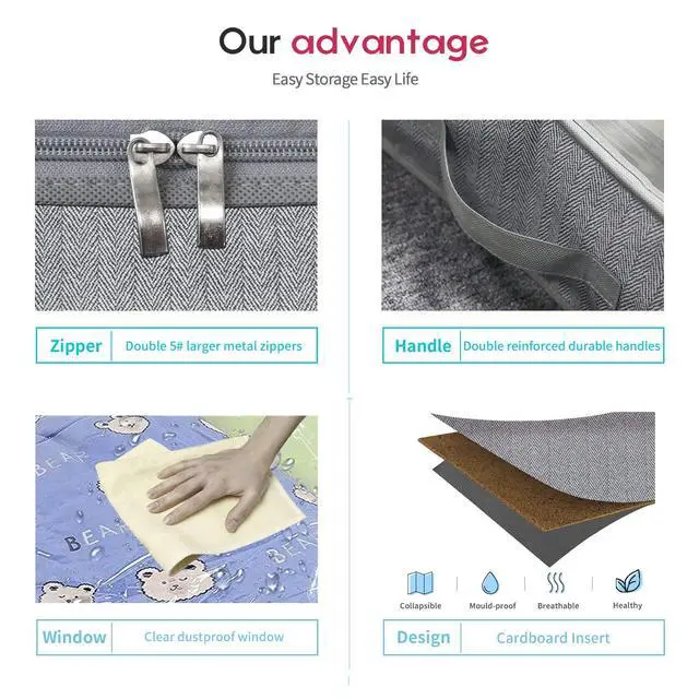 Alt view image 5 of 7 - Breathable Under Bed Storage Bags with 4 Reinforced Handles and Sturdy Side Wall, 2 Pack Eco-friendly Underbed Clothing Blankets Organizer with 2 Strong Zippers, Herringbone Grey, MXRUBBSS2P