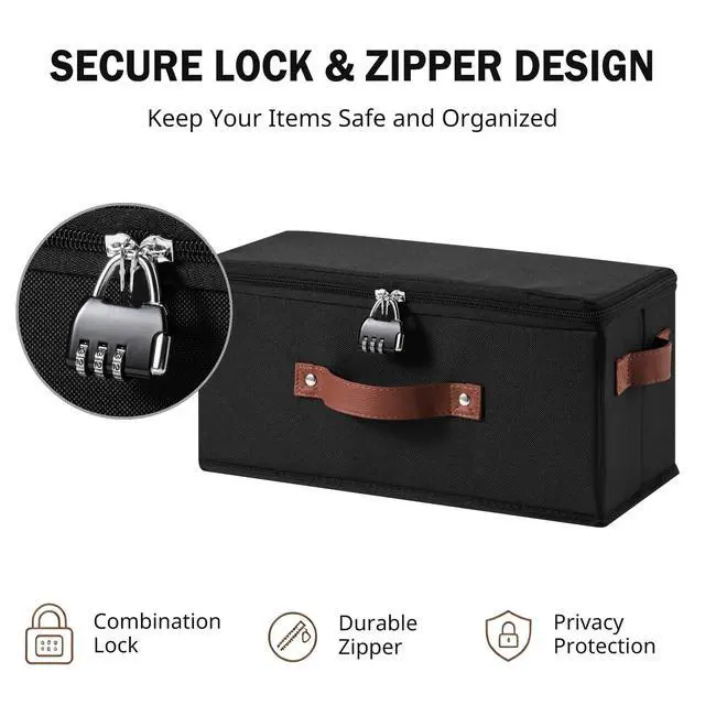 Alt view image 2 of 7 - Storage Bins Lockable Under Bed Fabric Boxes with Zippered Lids | Washable Foldable Stackable, Clothes Container Closet Shelf Organizer, w/ PU Leather Handles & Combination Lock, Small Size