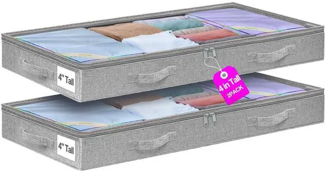 Main image of 4 inch High Soft Low Profile Under Bed Storage Bins, 2 Pack, Grey | Foldable Clothes Storage Bag with Zippers & Clear Top, Shallow Design for Under Cabinet, Sofa, Crib & Bed Storage