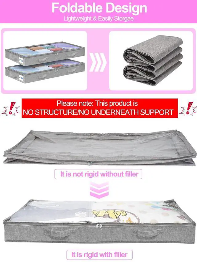 Alt view image 2 of 7 - 4 inch High Soft Low Profile Under Bed Storage Bins, 2 Pack, Grey | Foldable Clothes Storage Bag with Zippers & Clear Top, Shallow Design for Under Cabinet, Sofa, Crib & Bed Storage