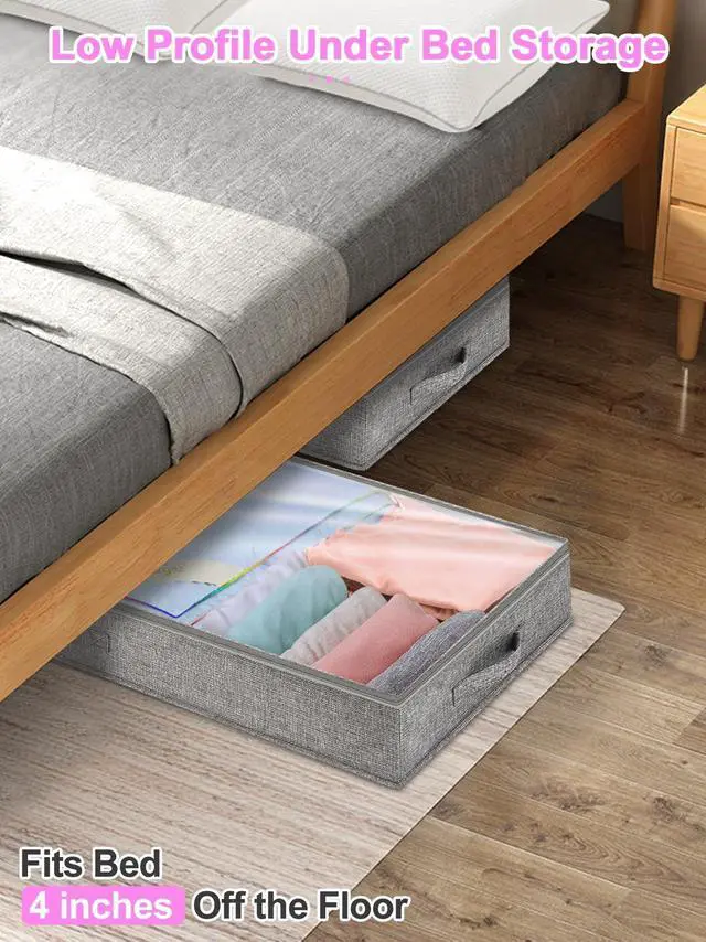 Alt view image 3 of 7 - 4 inch High Soft Low Profile Under Bed Storage Bins, 2 Pack, Grey | Foldable Clothes Storage Bag with Zippers & Clear Top, Shallow Design for Under Cabinet, Sofa, Crib & Bed Storage