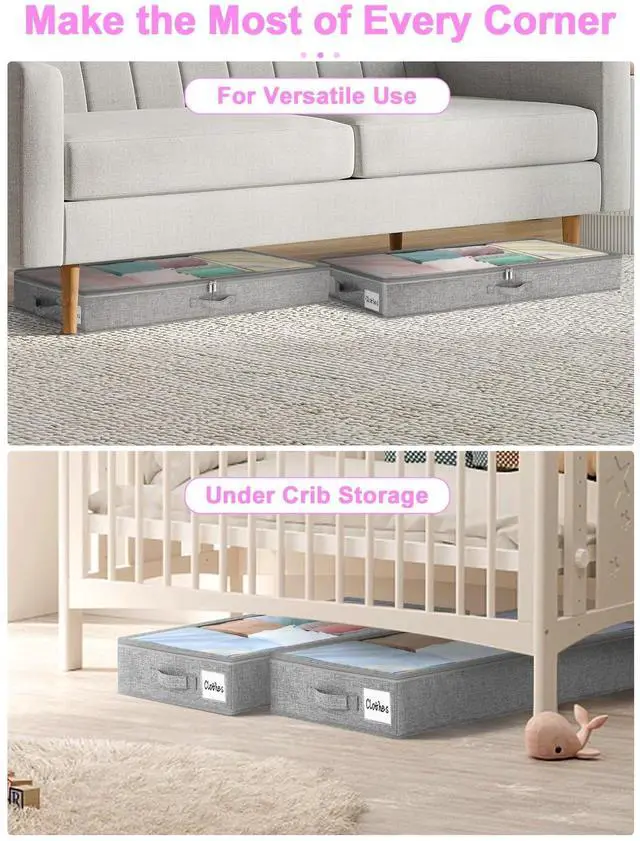 Alt view image 6 of 7 - 4 inch High Soft Low Profile Under Bed Storage Bins, 2 Pack, Grey | Foldable Clothes Storage Bag with Zippers & Clear Top, Shallow Design for Under Cabinet, Sofa, Crib & Bed Storage