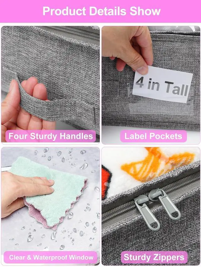 Alt view image 7 of 7 - 4 inch High Soft Low Profile Under Bed Storage Bins, 2 Pack, Grey | Foldable Clothes Storage Bag with Zippers & Clear Top, Shallow Design for Under Cabinet, Sofa, Crib & Bed Storage
