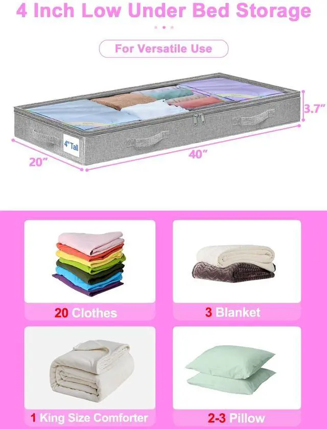Alt view image 5 of 7 - 4 inch High Soft Low Profile Under Bed Storage Bins, 2 Pack, Grey | Foldable Clothes Storage Bag with Zippers & Clear Top, Shallow Design for Under Cabinet, Sofa, Crib & Bed Storage