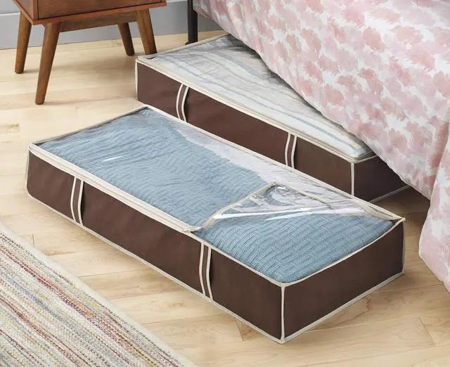 Alt view image 2 of 6 - Under Bed Storage Bags 2 Pack, Zippered Underbed Storage Containers with Clear Window and Handles, Foldable Clothes Blanket Storage Organizer, 18 x 42 x 6 Inches, Java