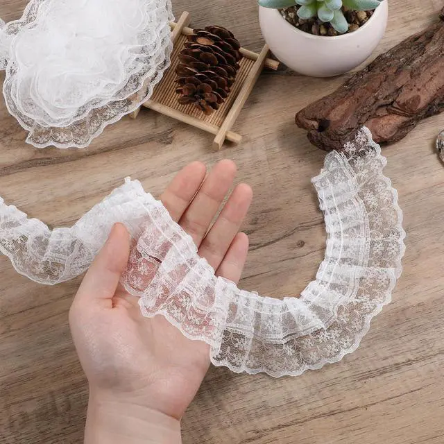 Main image of White Lace Ribbon, 2-Layer Pleated Edge White Lace Ruffle Trim for Crafts Sewing DIY, 1.8" x 5.5yd