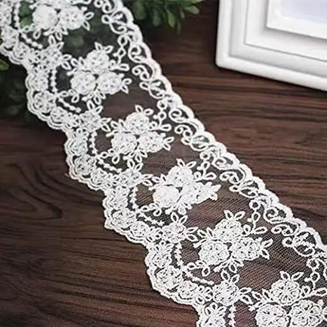 Alt view image 2 of 4 - Lace Trim Ribbon, 5-Yard Lace Ribbon, Lace Fabric, White | Fabric Trim Delicate Crown Ribbon For Crafts Sewing, Bridal Wedding Dress Applique Decorations, 3.3inch Width