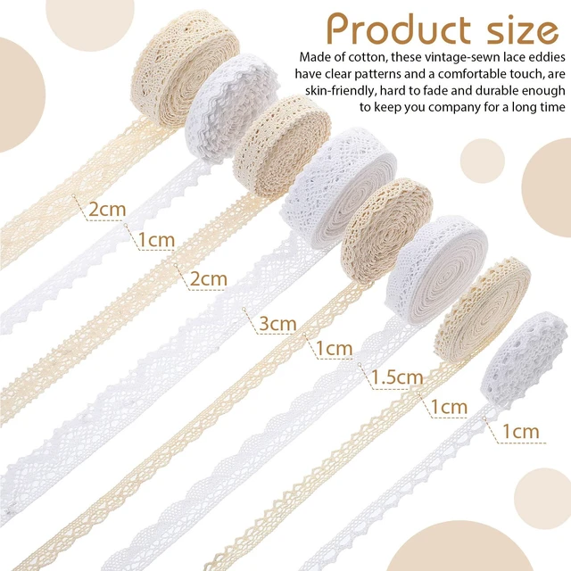 Alt view image 2 of 6 - 40 Yds Vintage Cotton Lace Trim,Classic Style,1-3cm Wide,Beige,White | Scalloped Edge Ribbon for Bridal Wedding Decor, Crochet Trim Rolls, DIY Sewing Craft Supplies, 8 Styles 5 Yards Each